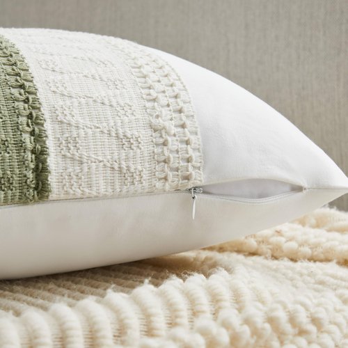 YZJZEDS Soft Cotton Boho Throw Pillow Covers Set of 2, Natural White/Contrast Green 18x18 Inch, Sage Green Farmhouse Decorative Cushion Covers for Sofa Bed Living Room Home Decor