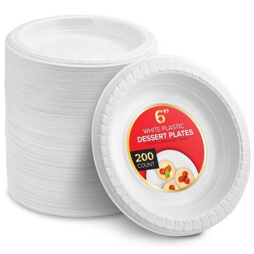 Stock Your Home 200 Count Premium White Plastic Plates, 6 Inch White Disposable Wedding Cake Plates, Heavy Duty Plastic Dessert Plates, Cocktail Appetizer Plates for Christmas Dinner Parties