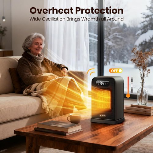 FLANUR 1500W Space Heater - Compact Indoor Desk Heater with Remote, Thermostat & 12H Timer | Oscillating Black Design