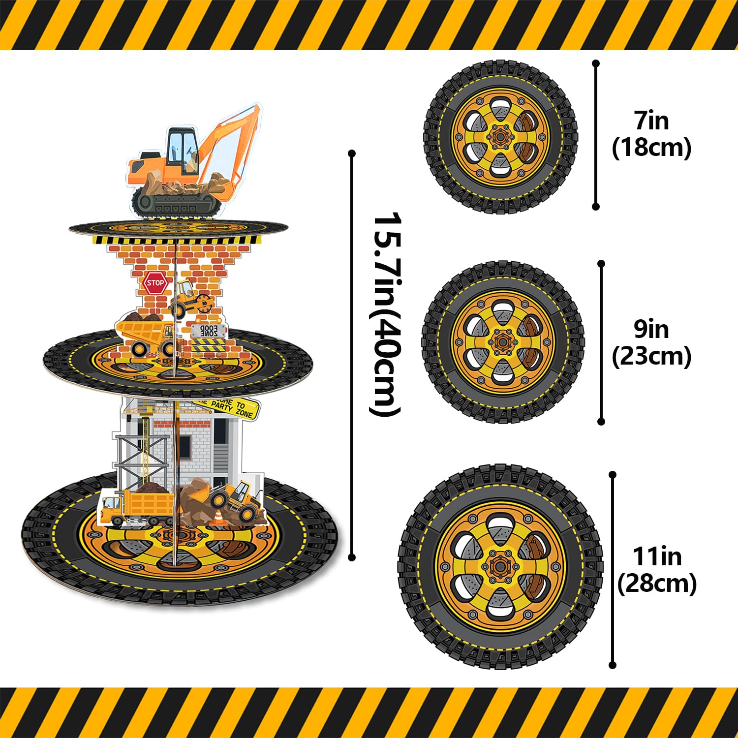 PIONUX Construction Cupcake Stand Birthday Party Supplies, Excavator Cup Cake Tower Stand 3 Tier Cardboard Cupcake Dessert Stand Holder for Boys Truck Theme Birthday Party Decorations Favors
