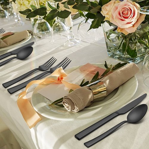 LIANYU 45-Piece Matte Black Silverware Set with Serving Utensils, Stainless Steel Flatware Cutlery Set for 8, Square Tableware Eating Utensils for Wedding Home, Satin Finish, Dishwasher Safe