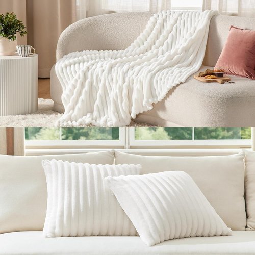 Bedsure Fleece Blanket - Soft Off-White Throw with Matching Pillow Covers | Cozy Home Decor