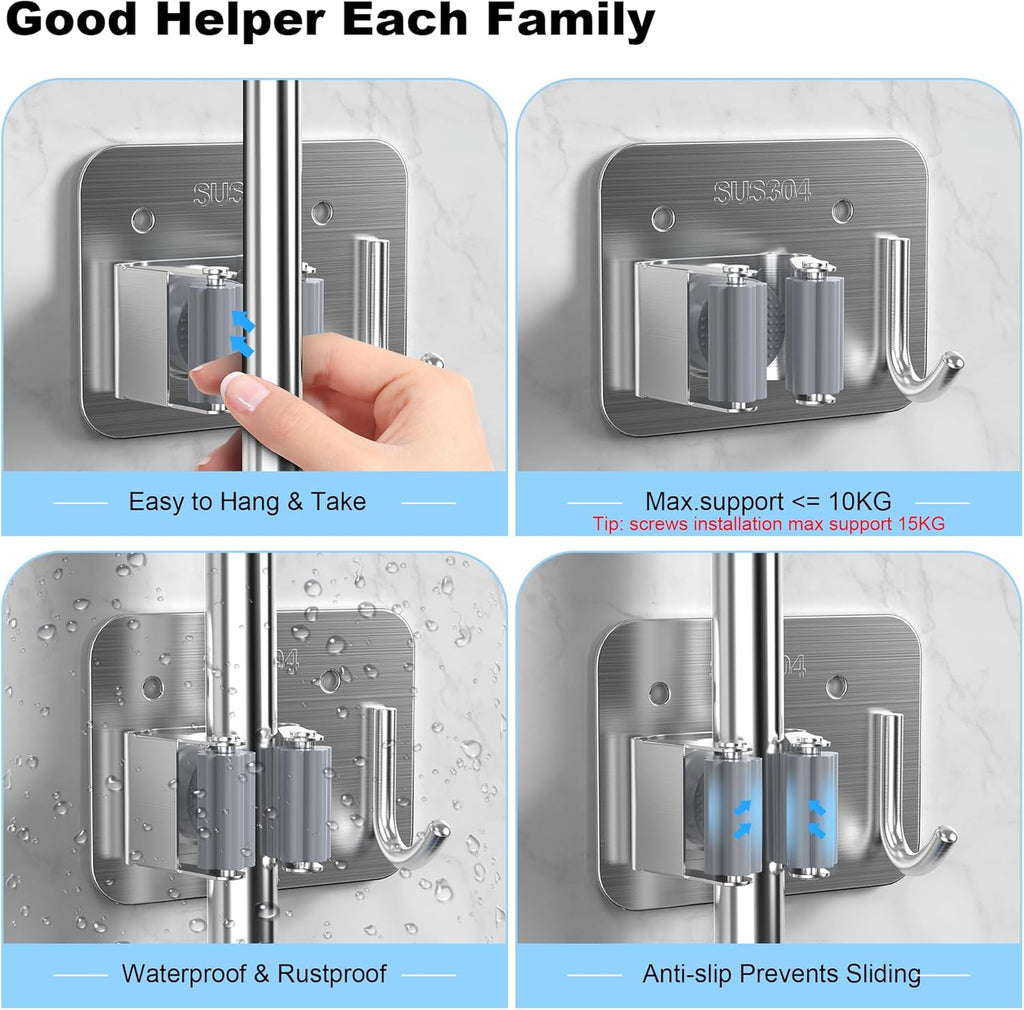 Skiennix Stainless Steel Mop & Broom Gripper - Wall Mount Holder with Hook | 4 Pack, Silver