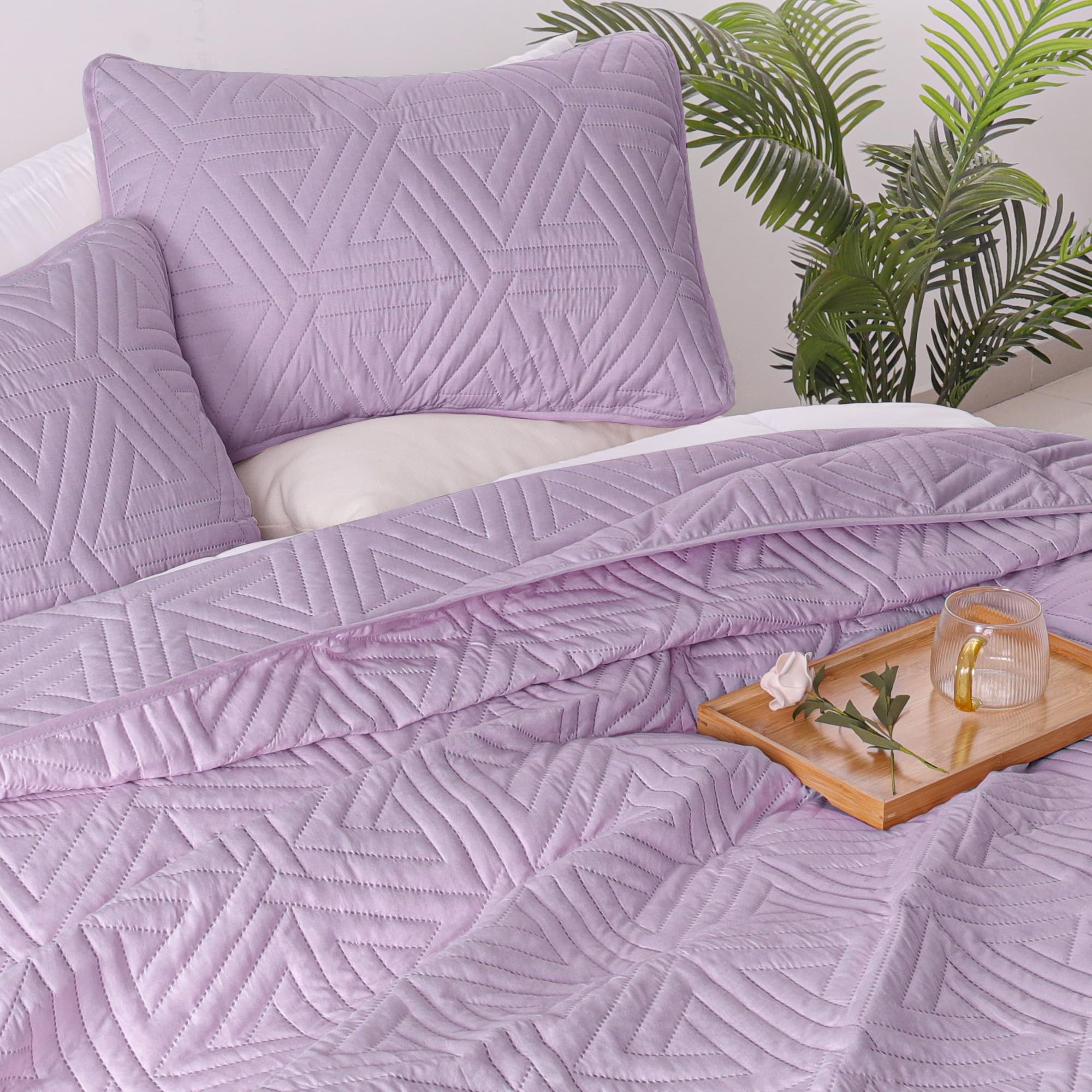 Whale Flotilla Soft Twin Size Quilt Set for All Seasons, 2-Piece Ultrasonic Geometric Quilts Bedding Set, Lightweight Reversible Bedspread, Coverlet, Bed Cover with Pillow Sham, Light Purple