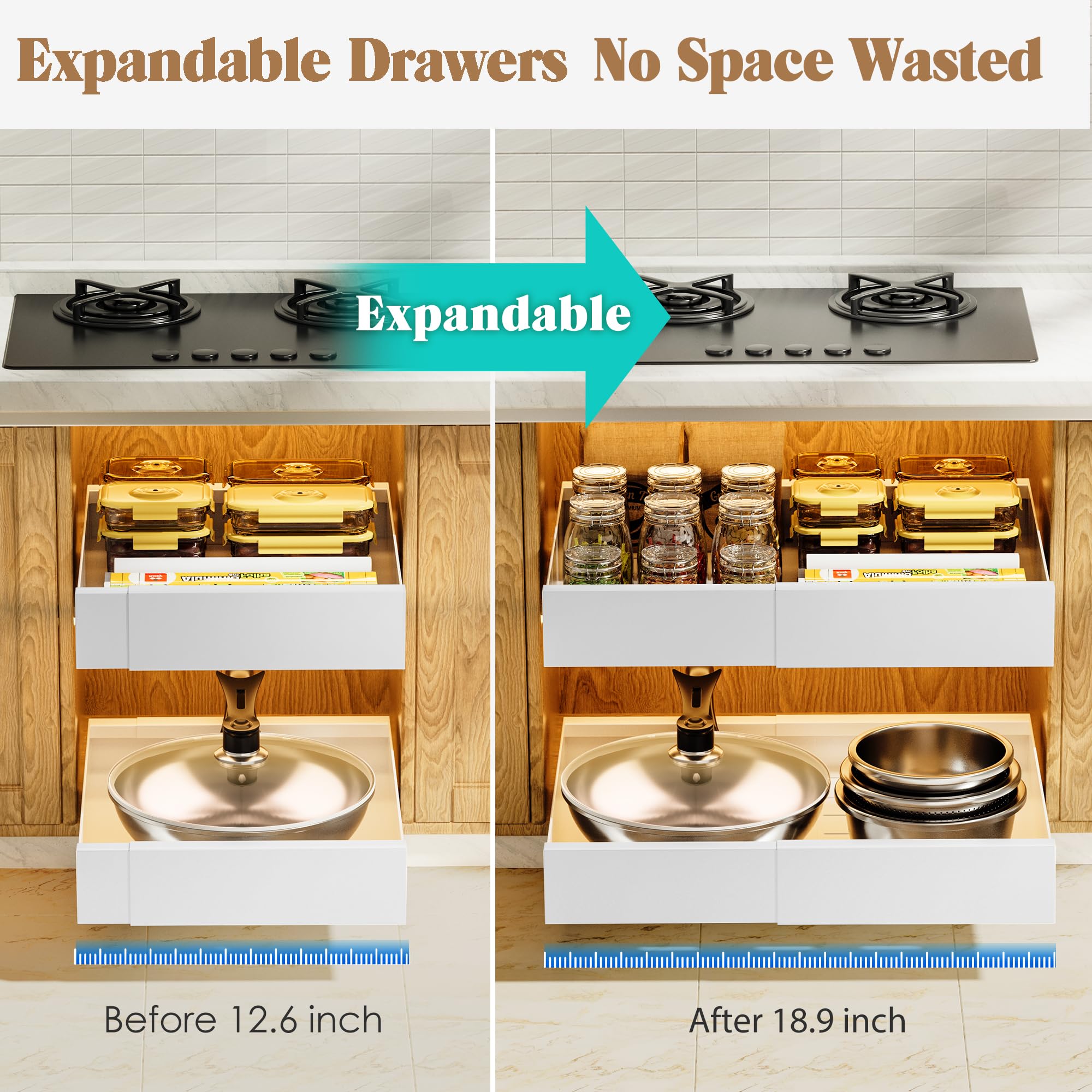 Expandable Slide Out Drawer for Cabinets (12.7"-19.7"), Adhesive Carbon Steel Pull Out Drawers for Kitchen Cabinet, Pantry Shelves and Bathroom Vanity - 16.9'' Depth x 3.1'' Height.