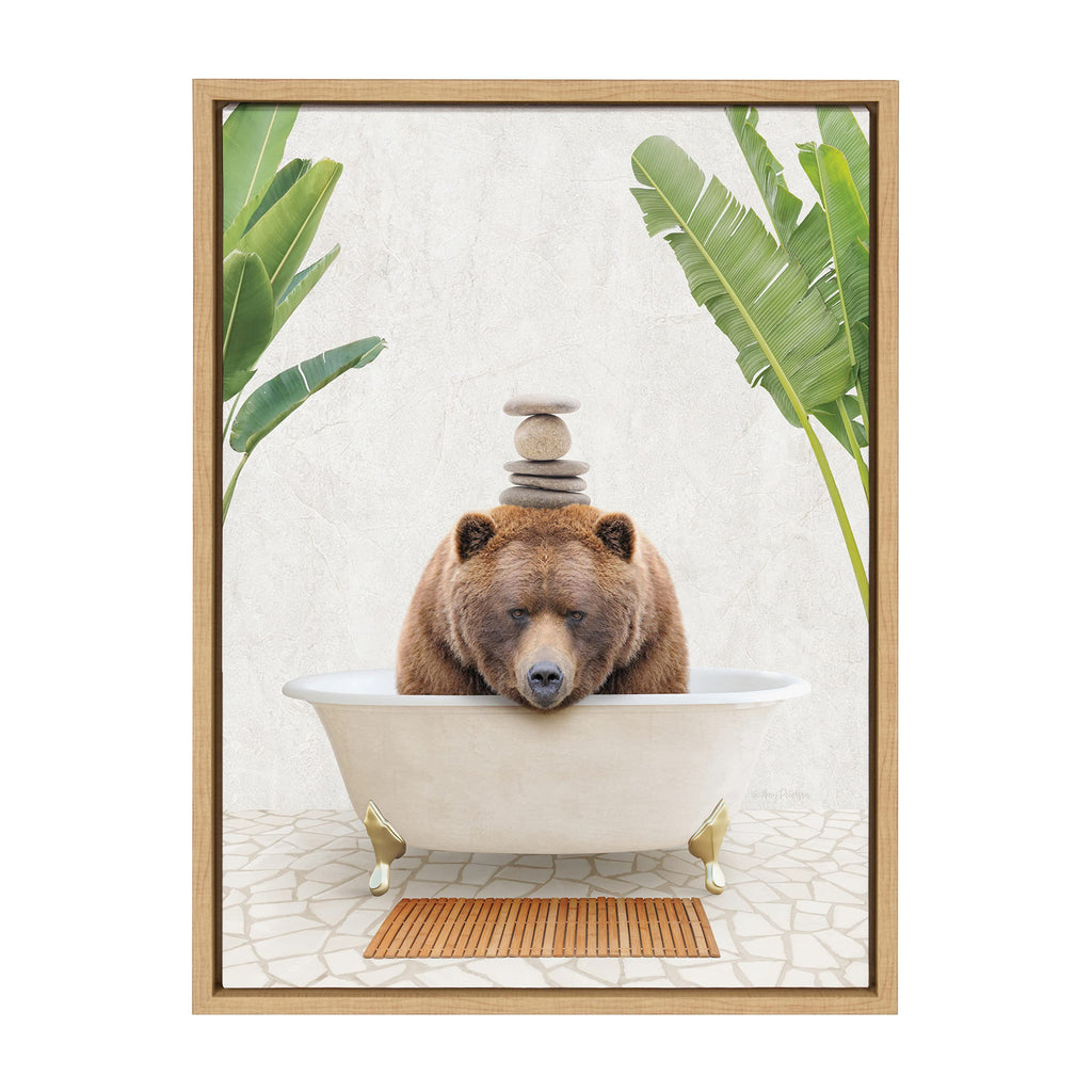 Kate and Laurel Sylvie Big Bear Bali Bath Framed Canvas Wall Art by Amy Peterson Art Studio; 18x24 Natural; Botanical Animal Bathroom Art