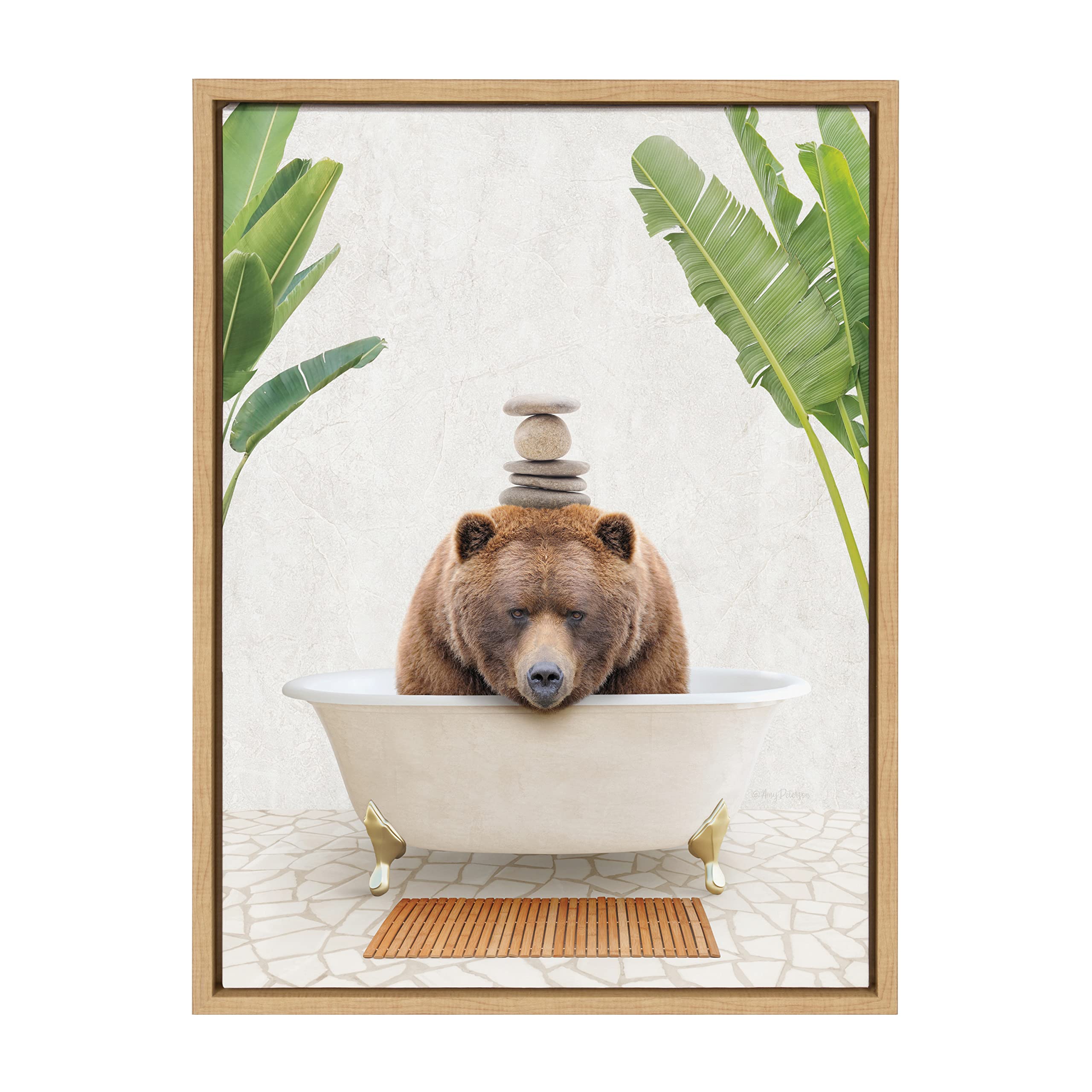 Kate and Laurel Sylvie Big Bear Bali Bath Framed Canvas Wall Art by Amy Peterson Art Studio; 18x24 Natural; Botanical Animal Bathroom Art