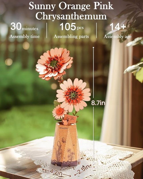 Gerbera Daisy 3D Flower Wooden Puzzle by [Brand Name] - DIY Botanical Model Kit for Adults | 105 PCS Creative Gift