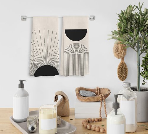 Black Boho Sun Sunray Geometric Arch Semi Circle Kitchen Towels and Dishcloths Set of 2, Absorbent Drying Cloth Hand Towels Tea Towels for Bathroom Kitchen, Gifts for Women Girls, 1624 inches