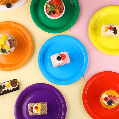 Kochorie 150 Pieces Rainbow Paper Plates 7 Inch Bulk Disposable Solid Colorful Dinner Plates Heavy Duty Round Dessert Supplies for Birthday Wedding Holiday Bridal Shower Party Supplies