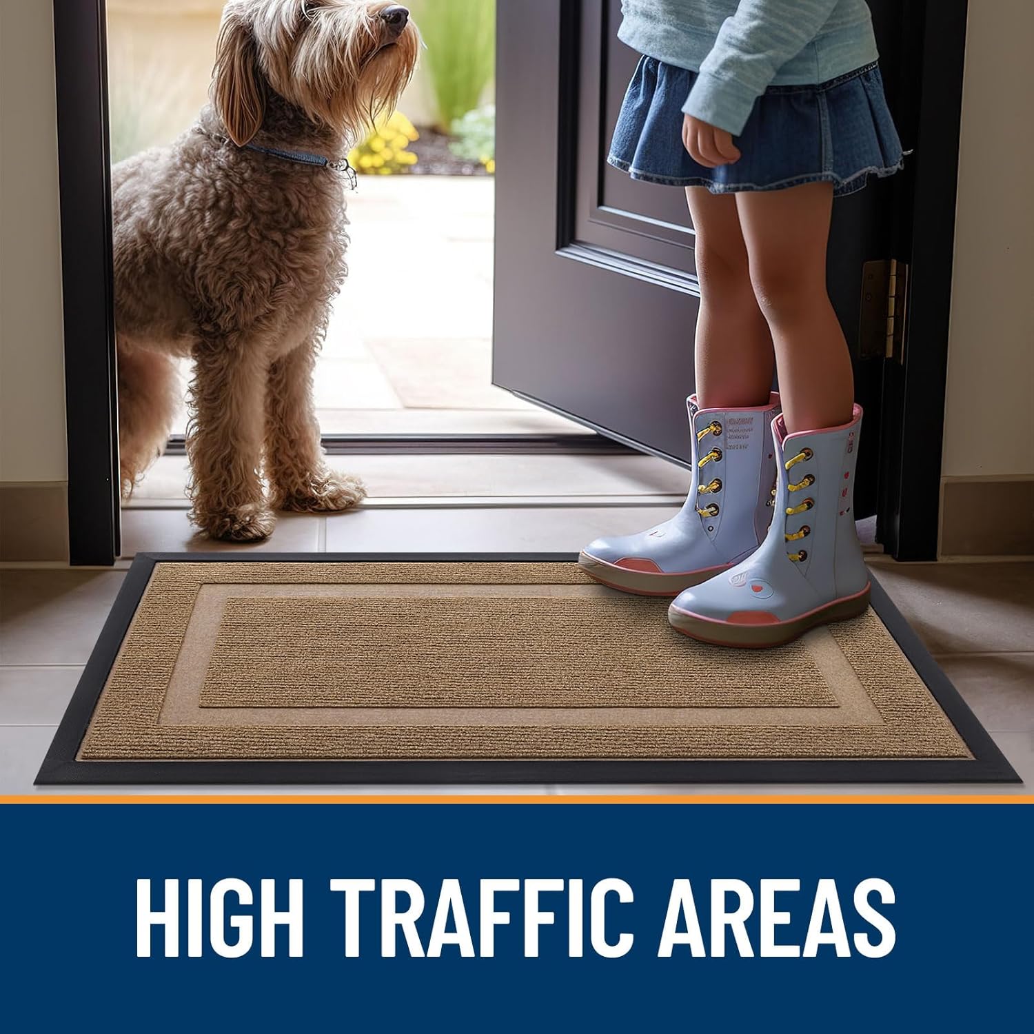 OLANLY Waterproof Front Door Mat - All-Season, Sturdy Natural Rubber, Easy Clean | 29.5x17, Light Brown