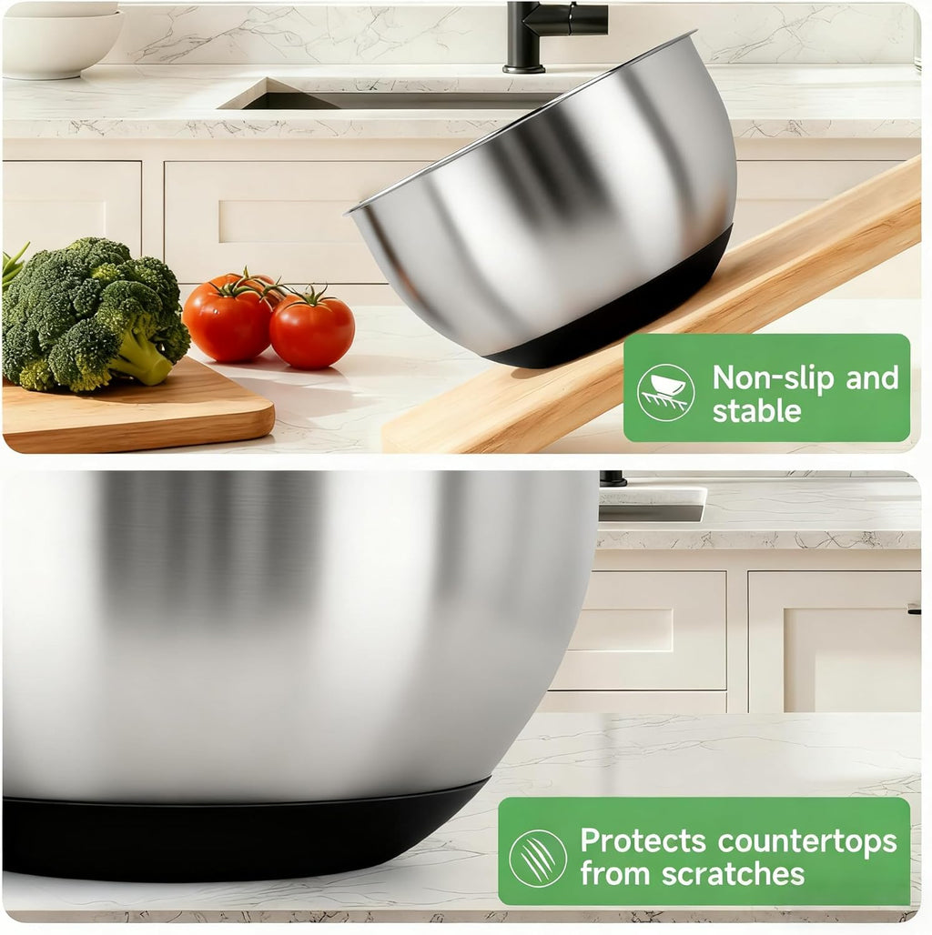 Skiennix Mixing Bowls - Stainless Steel Nesting Bowl Set with Airtight Lids | 3 Essential Sizes (1.5/3/5 QT)