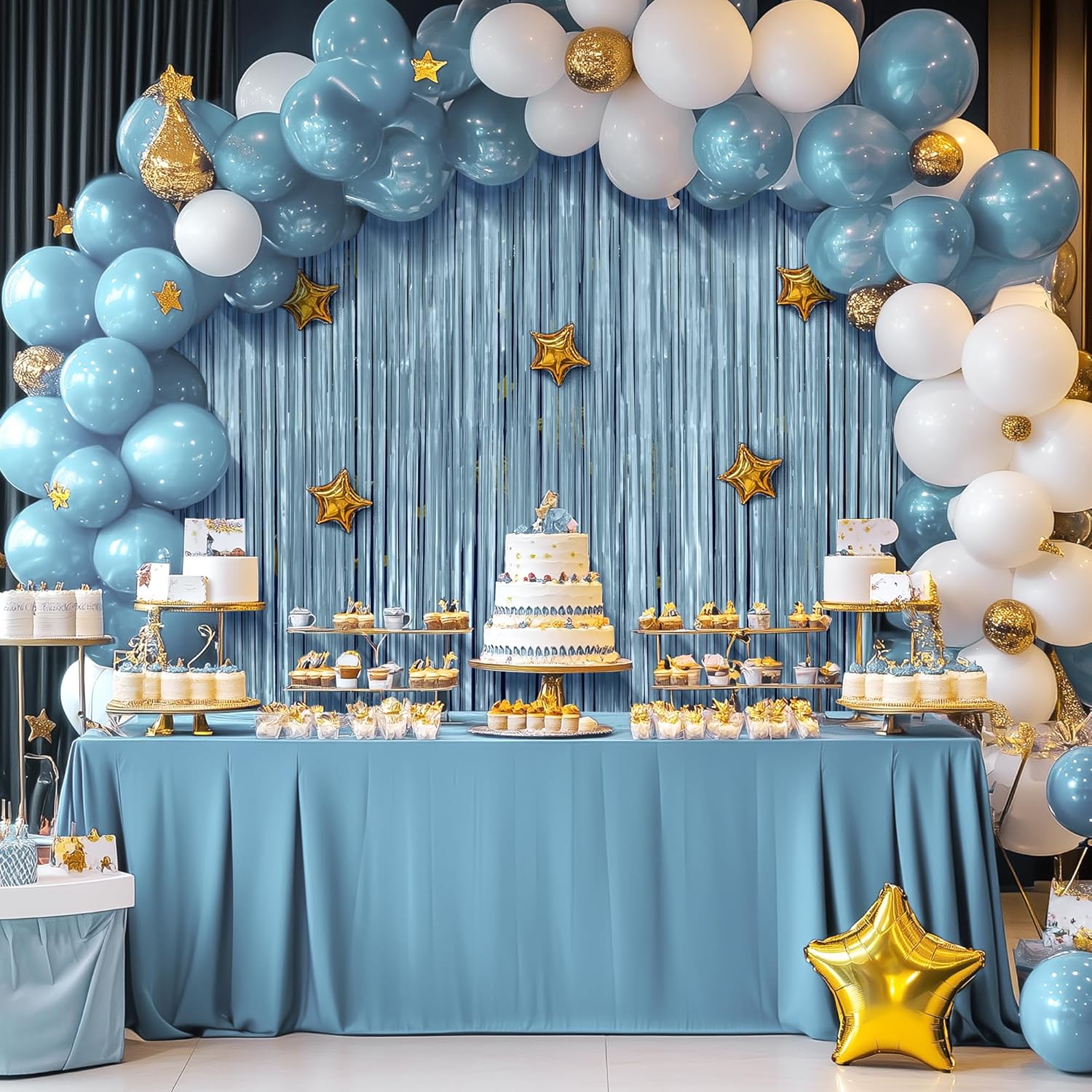 Skiennix Metallic Light Blue Fringe Backdrop - 3.2x8.2ft Shining Foil Tinsel Curtains for Parties & Events