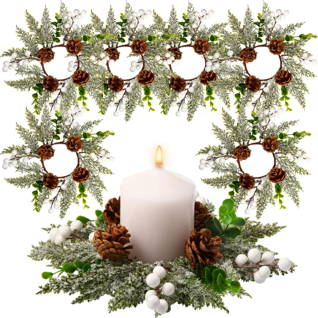 Vercraft 8" Christmas Candle Rings - Snowy Pine Garland with White Berries & Pine Cones | Set of 6