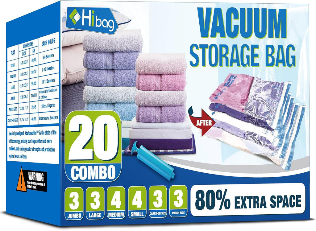 Skiennix Vacuum Storage Bags - Space Saver 20-Pack for Clothes, Bedding & Comforters | Durable & Reusable