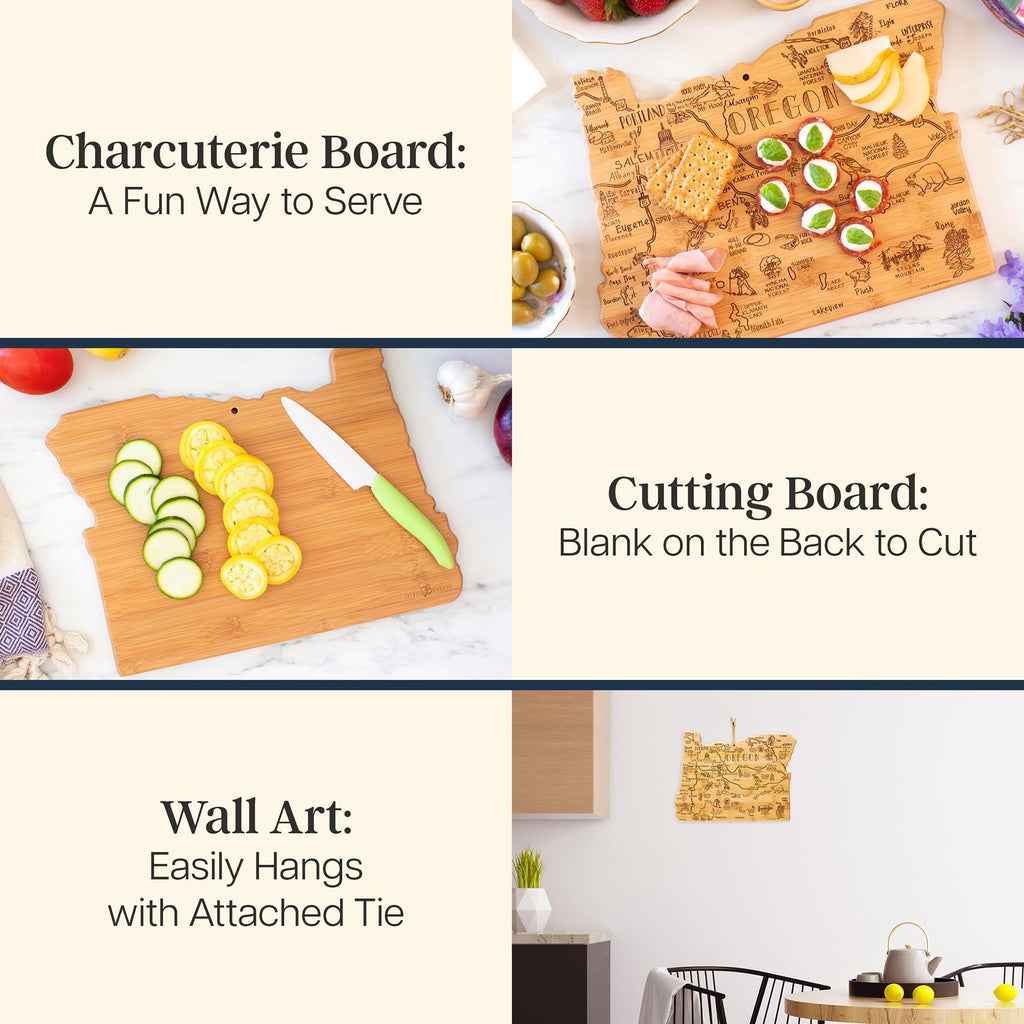 Totally Bamboo Destination Oregon Shaped Cutting Board – Bamboo Charcuterie and Serving Board with Hang Tie for Wall Display