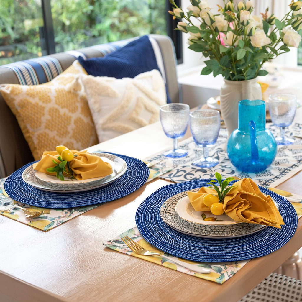 Mindsoft 12 Pcs Round Placemats 14.2 Inch Woven Braided Placemats Washable Reversible Circle Polyester Table Mats for Dinner Holiday Spring Party Wedding Table Centerpiece (Navy Blue)