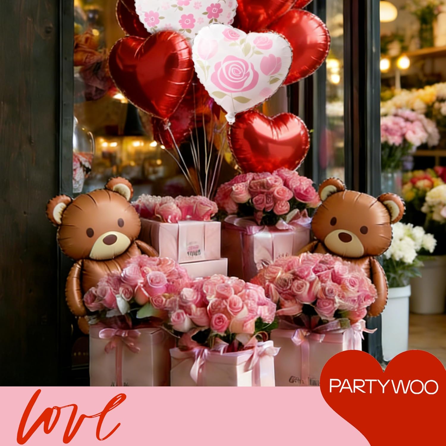 PartyWoo Valentine's Balloons - 15pcs Foil Bear & Red Heart Balloons | 24 & 18 Inch for Romantic Celebrations
