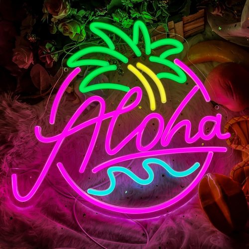 Aloha Neon Sign - Tropical Beach Party Decor | LED Light Up Aloha Wave in Pink, Blue & Green