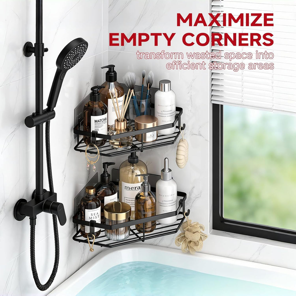 Skiennix Corner Shower Caddy - 5-Pack Adhesive Organizer Shelves | No-Drill Stainless Steel Storage Rack in Black