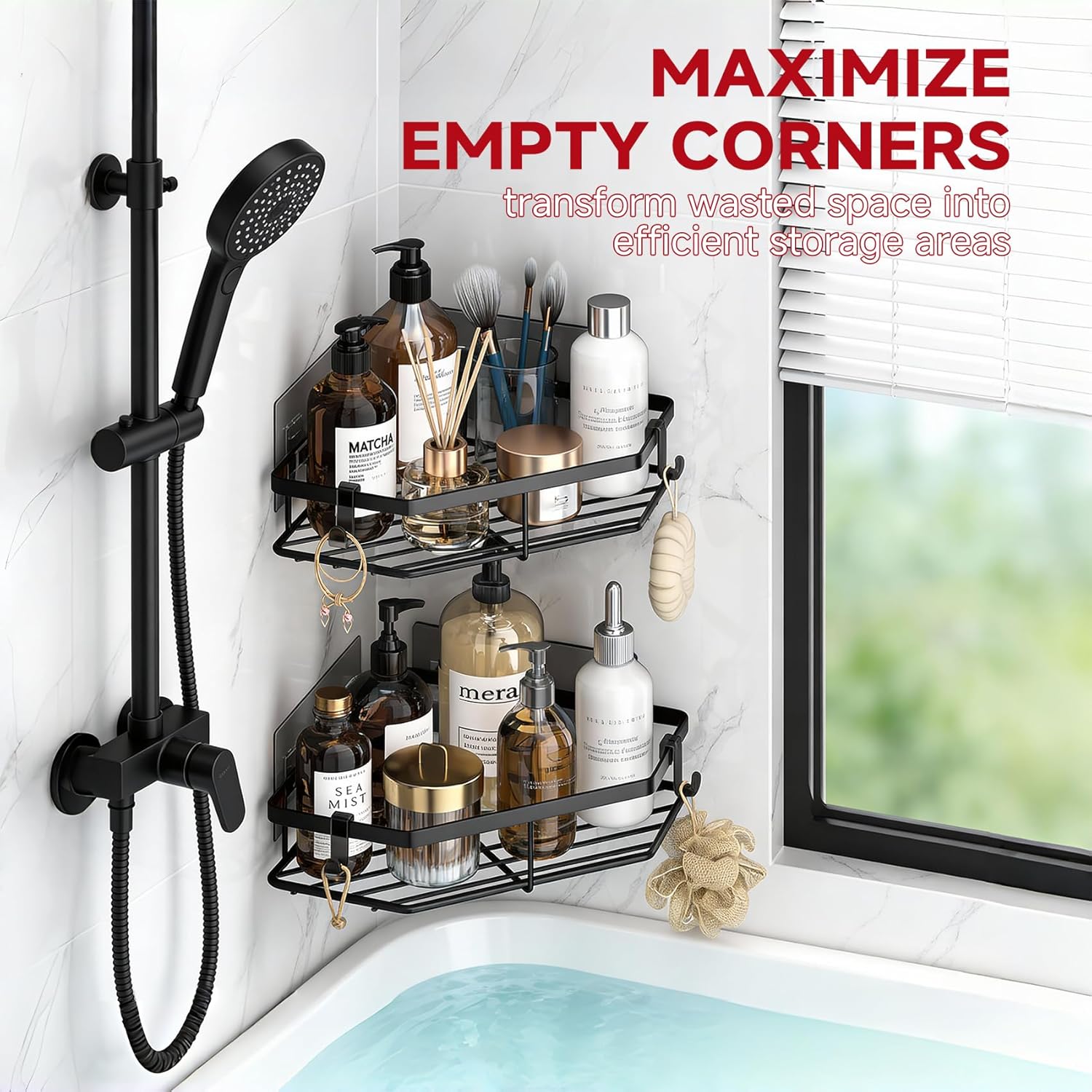 Skiennix Corner Shower Caddy - 5-Pack Adhesive Organizer Shelves | No-Drill Stainless Steel Storage Rack in Black