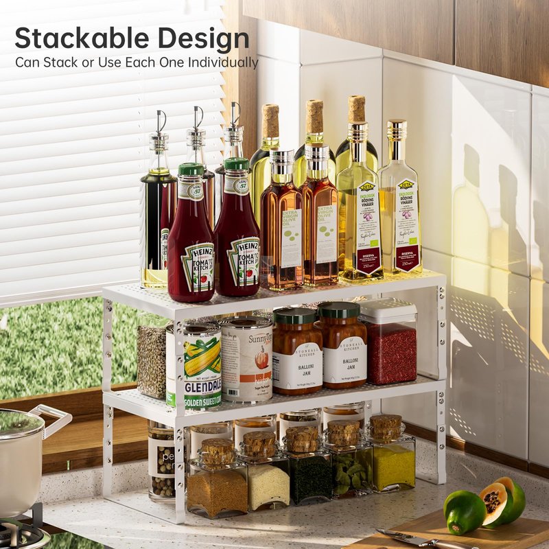 Ipotive Expandable Adjustable Stackable Kitchen Organizer,Pantry Storage Shelves Racks,for cabinets Shelf, Kitchens, countertops, bathrooms,RV(2Packs/White,Medium)