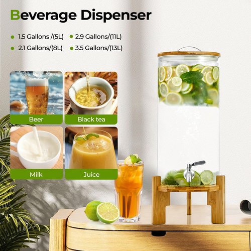 Beverage Dispenser 2.1 Gallon with Spigot Glass Water Dispenser for Parties, Bars, Restaurants (8L）with Wood Stand Drink Dispensers
