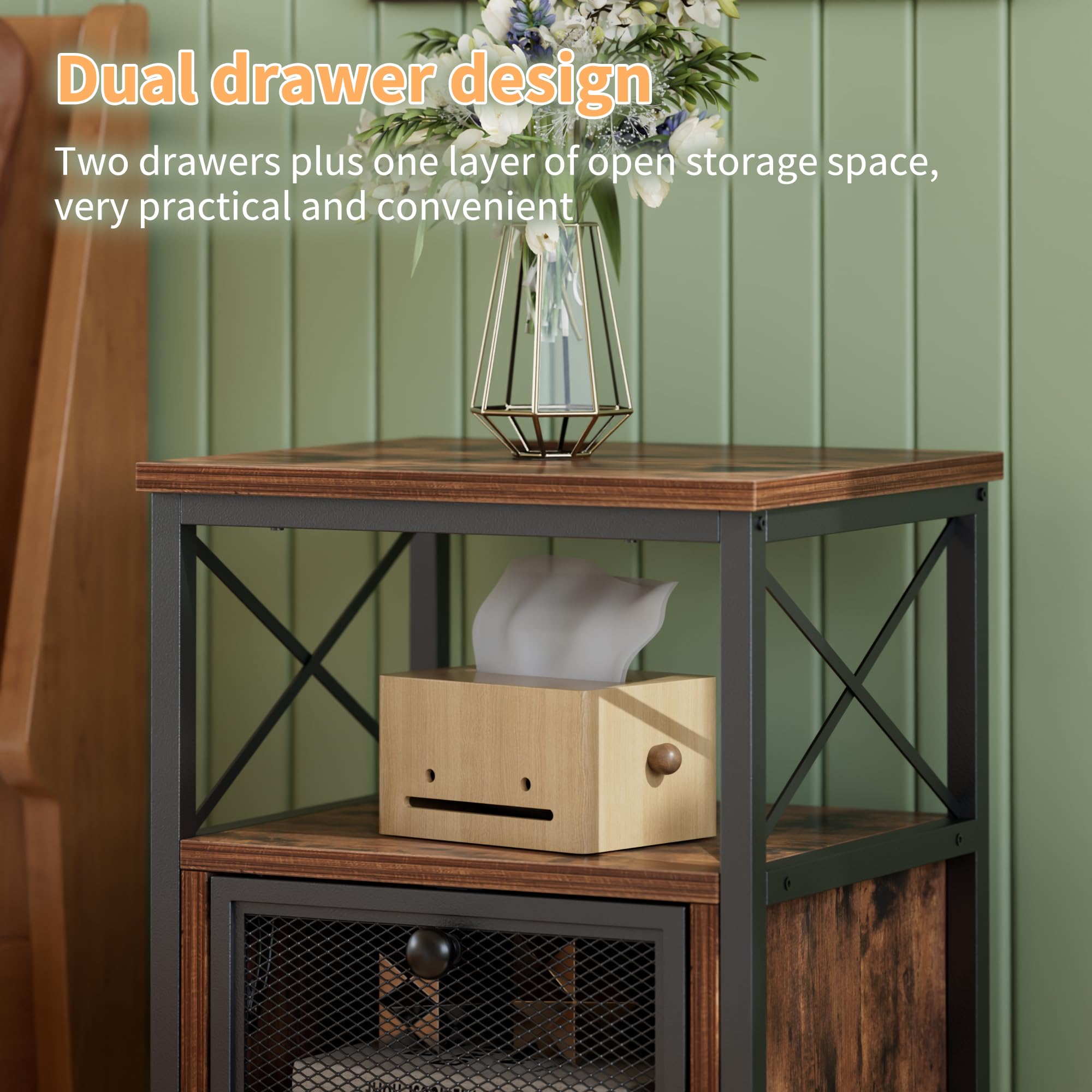 VECELO Nightstand Set of 2, End Table with Flip Drawer, Modern Night Stand for Bedroom,Living Room, Office, Easy Assembly, Walnut Brown