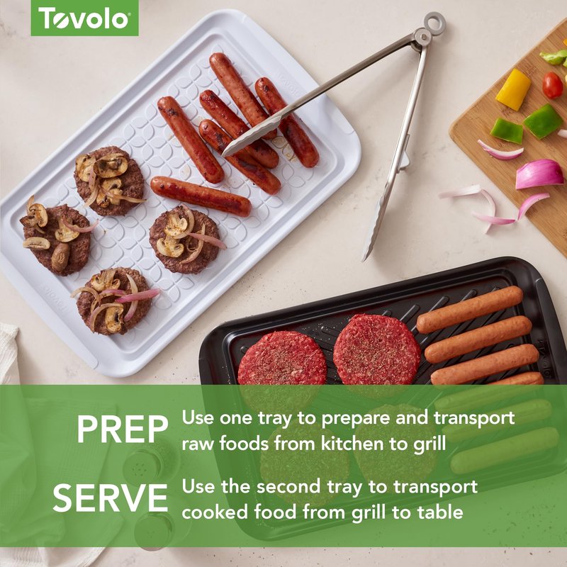 Tovolo Grilling Platters for Outdoor Grill BBQ Prep and Serve Trays Set of 2 Black White, Dishwasher Safe BPA Free Nesting Non Slip Serving Trays for Burgers Steaks Meat Veggies Toppings 17 x 10 x 2