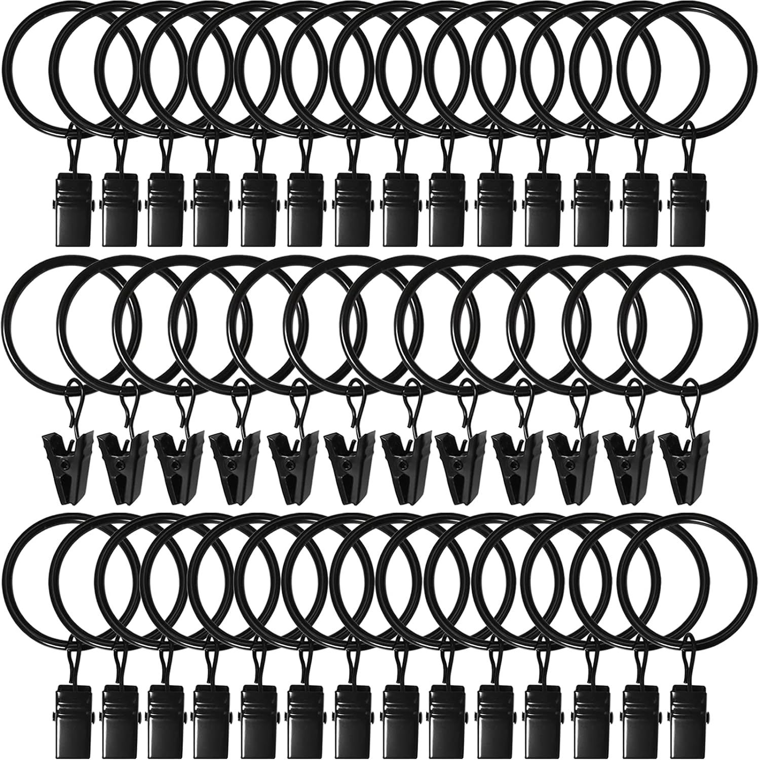 Skiennix Curtain Rings - 40 Pack Drapery Clips with 1.26" Interior Diameter - Fits Up to 1" Rod, Black