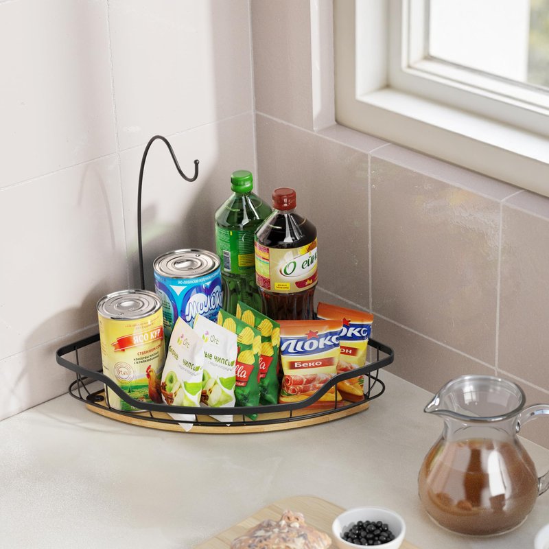 CACHOLIV Fruit Holder for Kitchen Countertop with Banana Hanger, Vegetable Basket with Bamboo Base for Kitchen Corner Storage, Black