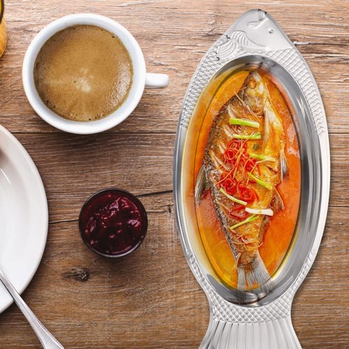 Hemoton Fish Serving Platter 17.7 Inch Stainless Steel Fish-Shaped Plate Mirror Polish Oval Tray for Family Meals and Entertaining