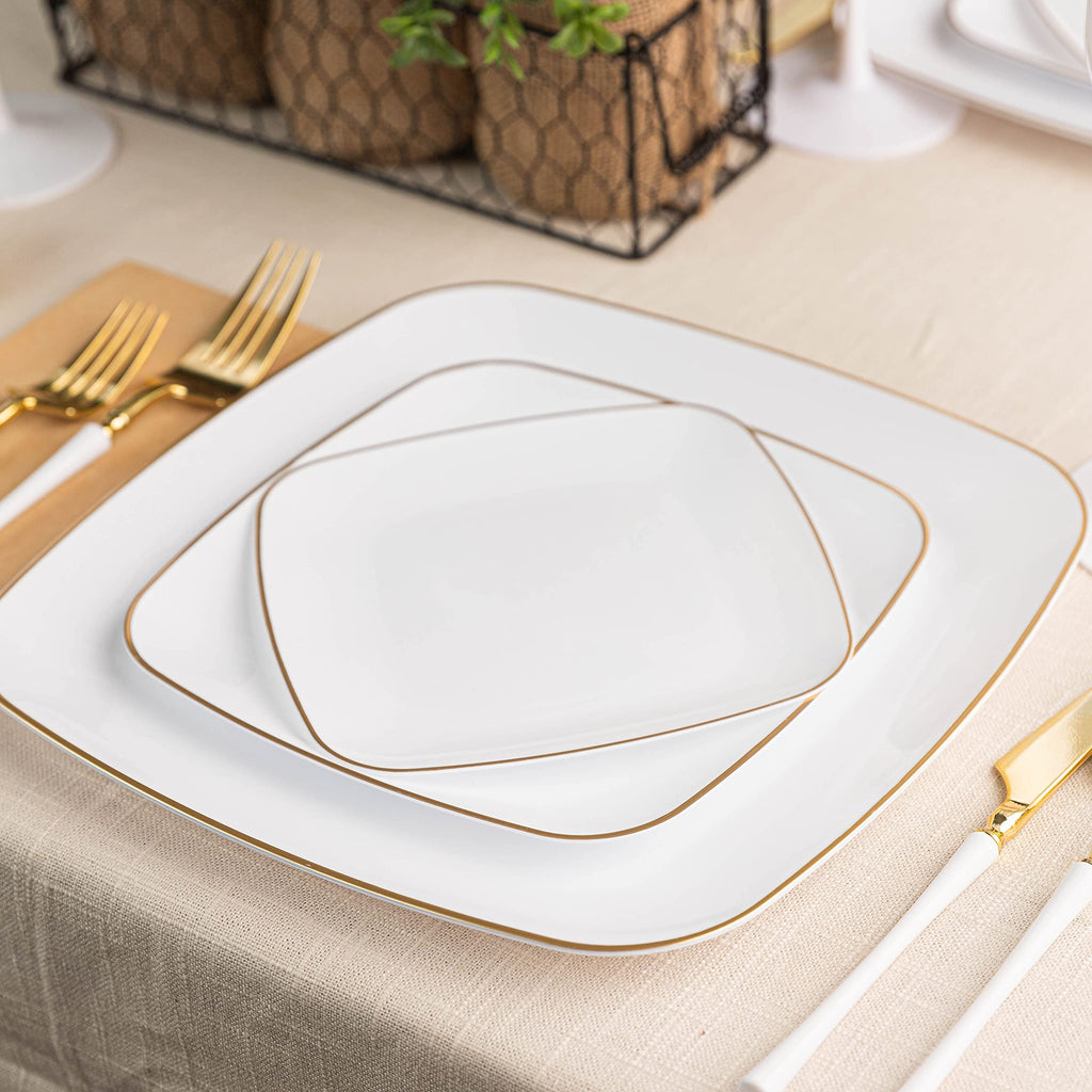 PLASTICPRO Square 128 Piece Combo Plates Set includes 64 x 7'' inch Plates & 64 x 10'' inch Dinner Plates White Plastic Gold Rim Design Party Plates, Premium heavyweight Elegant, Dishes,