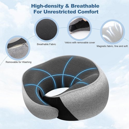 Memory Foam Travel Neck Pillow - Ergonomic 360° Head Support | Includes Eye Mask & Ear Plugs | Portable Gray Pillow for Flights & Cars