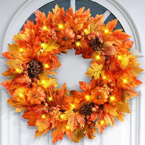 2 Pack Fall Wreaths for Front Door, 20 Inch Autumn Wreath with Pumpkins Maple Leaves for Harvest Home Outdoor Thanksgiving Wall Decor