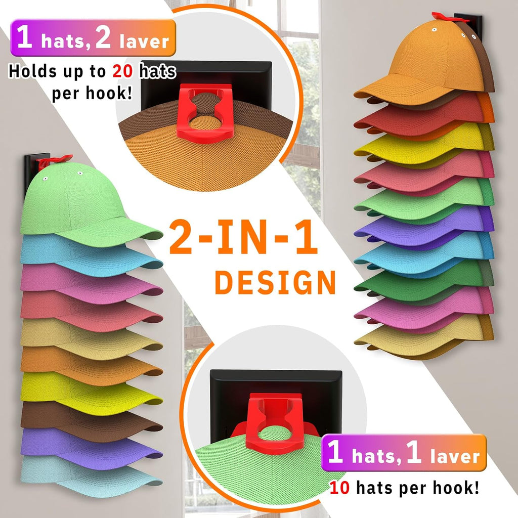 Volnamal Hat Organizer - Space-Saving Wall Rack for 40 Baseball Caps | 2 Pack (Black & Color)