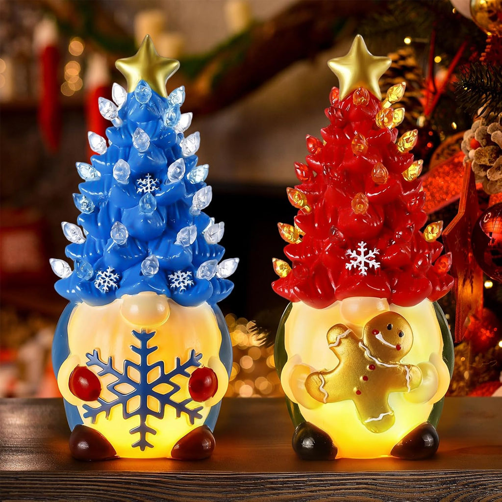 Riakrum Gnome Christmas Tree Decor - Lighted Gingerbread Man & Snowflakes | 6.5” Resin Winter Centerpieces