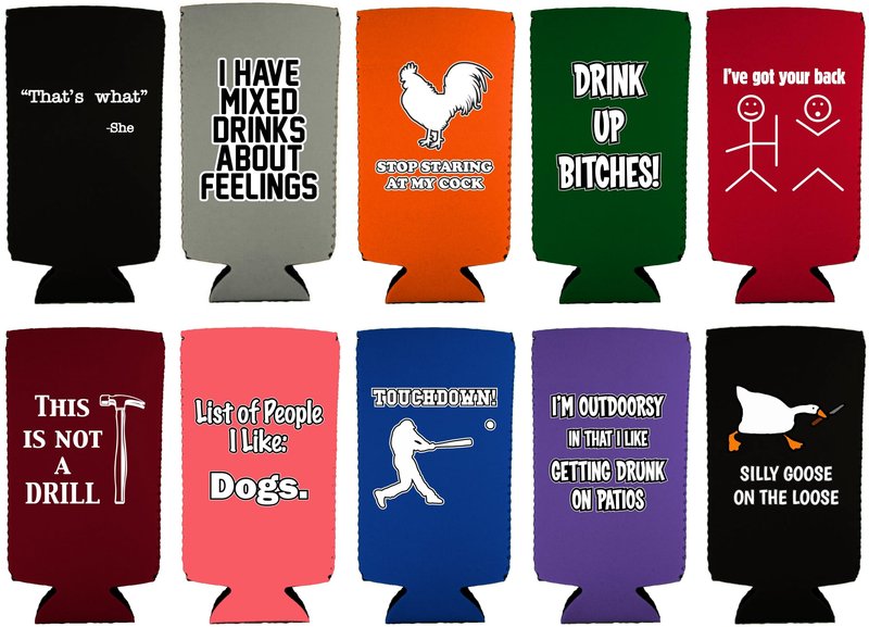 Funny Joke Slim Can Coolie Designs 10 Pack