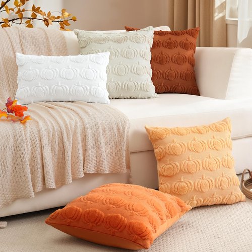 Artscope Fall Pillow Covers 18 x 18 Set of 2 Decorative Autumn Harvest Holiday Pumpkin Throw Pillow Cases Soft Plush Faux Fur Couch Cushion Case for Farmhouse Halloween Sofa Bed Room Home Decor-Beige