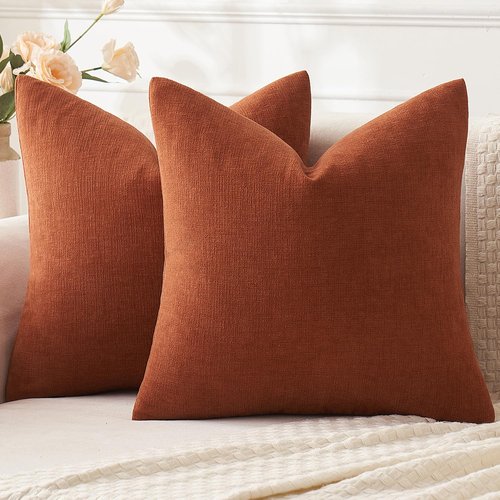 MIULEE Rust Couch Pillow Covers 22x22 Inch, Set of 2 Soft Chenille Decorative Square Throw Pillow Covers Farmhouse for Sofa Living Room Bed