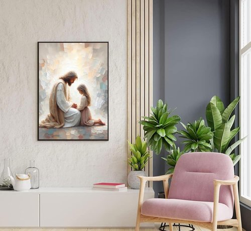 Jesus Wall Art - Christian Spiritual Painting of Jesus Praying with Child | Unframed Religious Decor