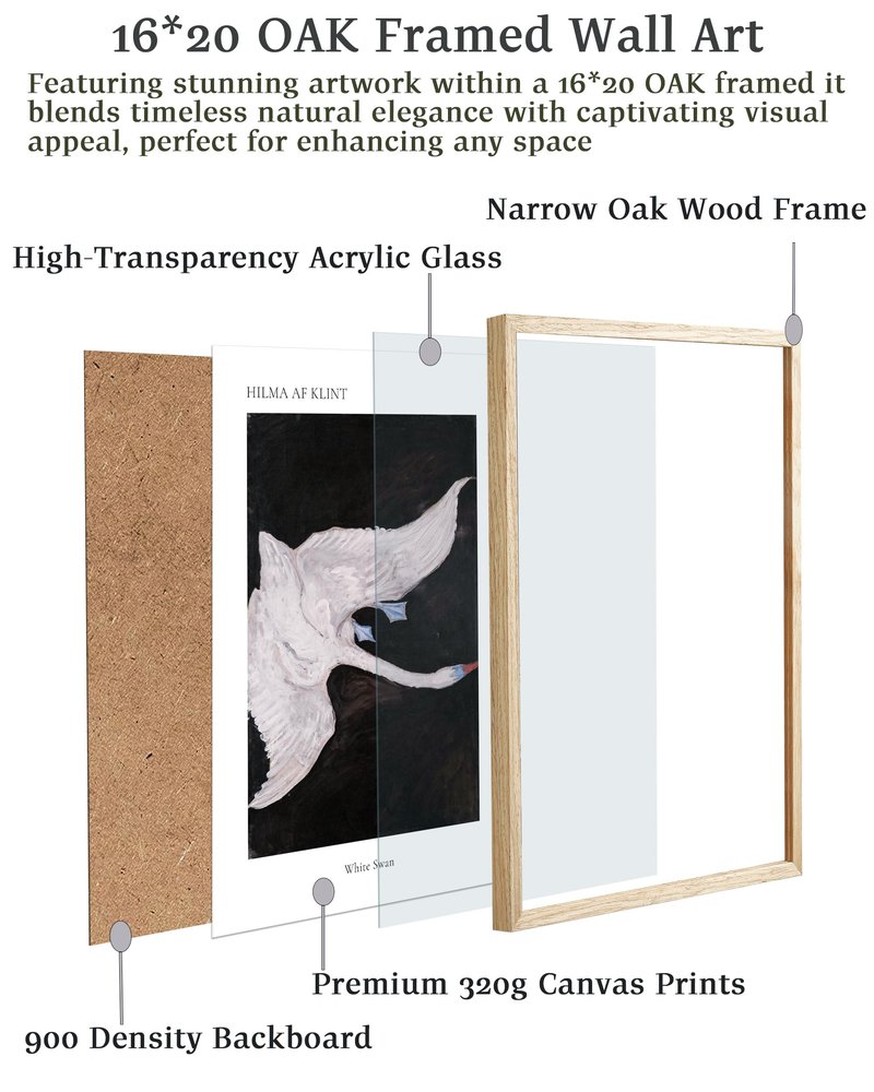 EcoHest Modern Abstract White Swan Framed Wall Art, 16x20 in OAK Wood Scandinavian Bird Canvas Wall Art, Minimalist Nature-Themed Bedroom Decor, Set of 1 For Living Room
