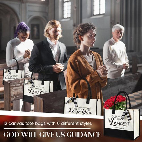 Abbylike 12 Pcs Christian Easter Gifts Canvas Tote Bags Bulk Bible Verse Religious Totes with Handles Reusable Grocery, Beach & Travel Bags for Women Gifts for Church, Bridal Party Daily Use