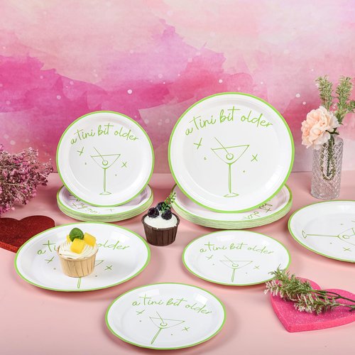 Elyxio 48Pcs A Tini Bit Older Party Plates Martini Bar Disposable Paper Plate Weenies and Tinies 9" and 7" Dinner Dessert Plates for Espresso Bachelorette Trendy Green Party Supplies
