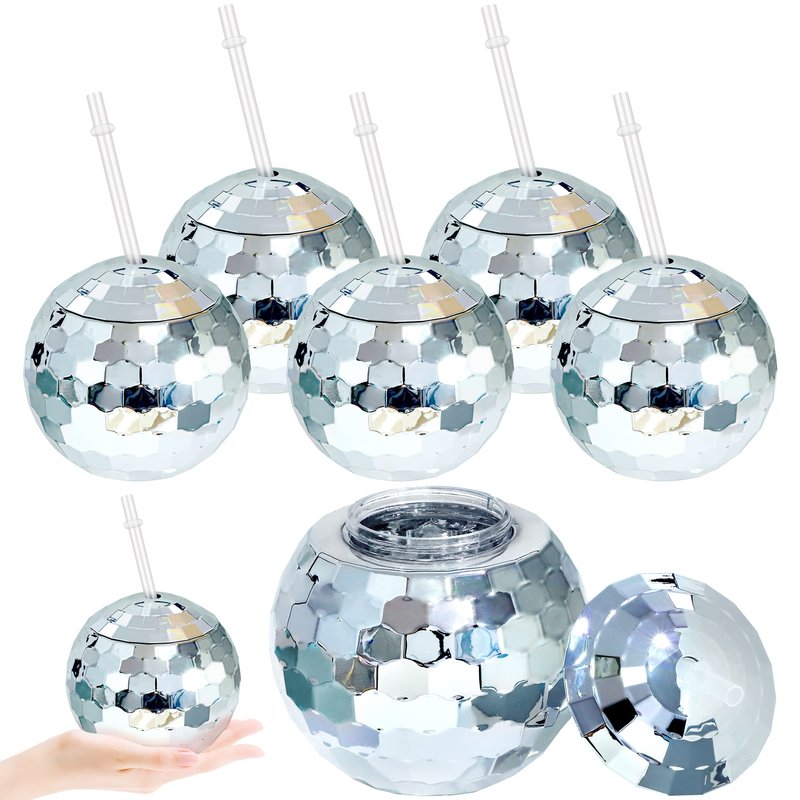 Breroa 6-Piece Disco Ball Cup Set with Lid, Straw & Sparkly Glitter - 20oz Mirrored Cocktail Drink Tumblers for Disco Bar Party Supplies, Silver