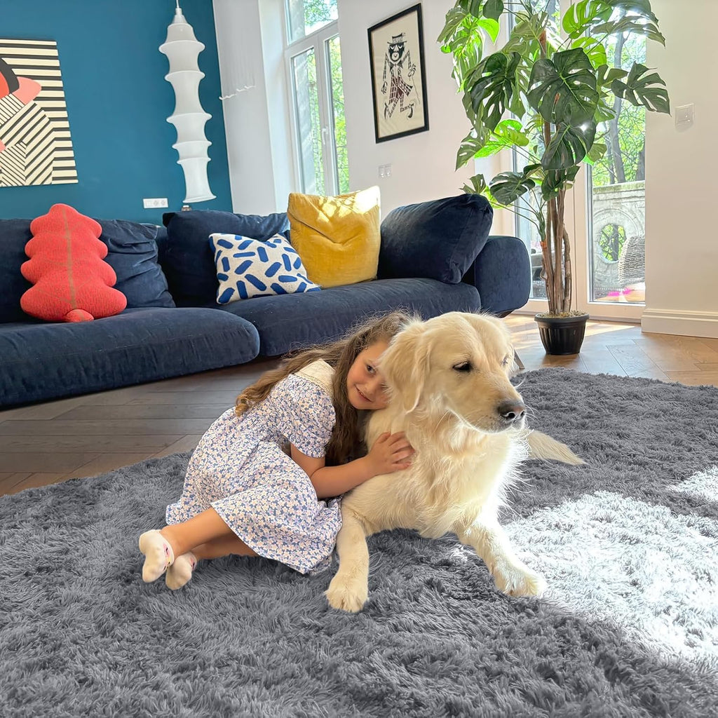 OLANLY Large Area Rug - Soft Fluffy Shaggy Carpet for Living Room & Bedroom | 7x10 ft, Light Grey