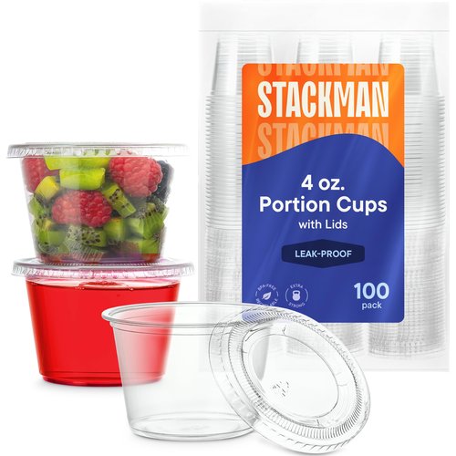Disposable Mini Plastic Souffle Cups with Lids [4 oz - 100 Count] Jello Shot Cups, Jell-O Portion Cups, 4 Ounce Dipping Sauce Ramekins, Salad Dressing Container Cup ,Small Plastic Condiment Containers