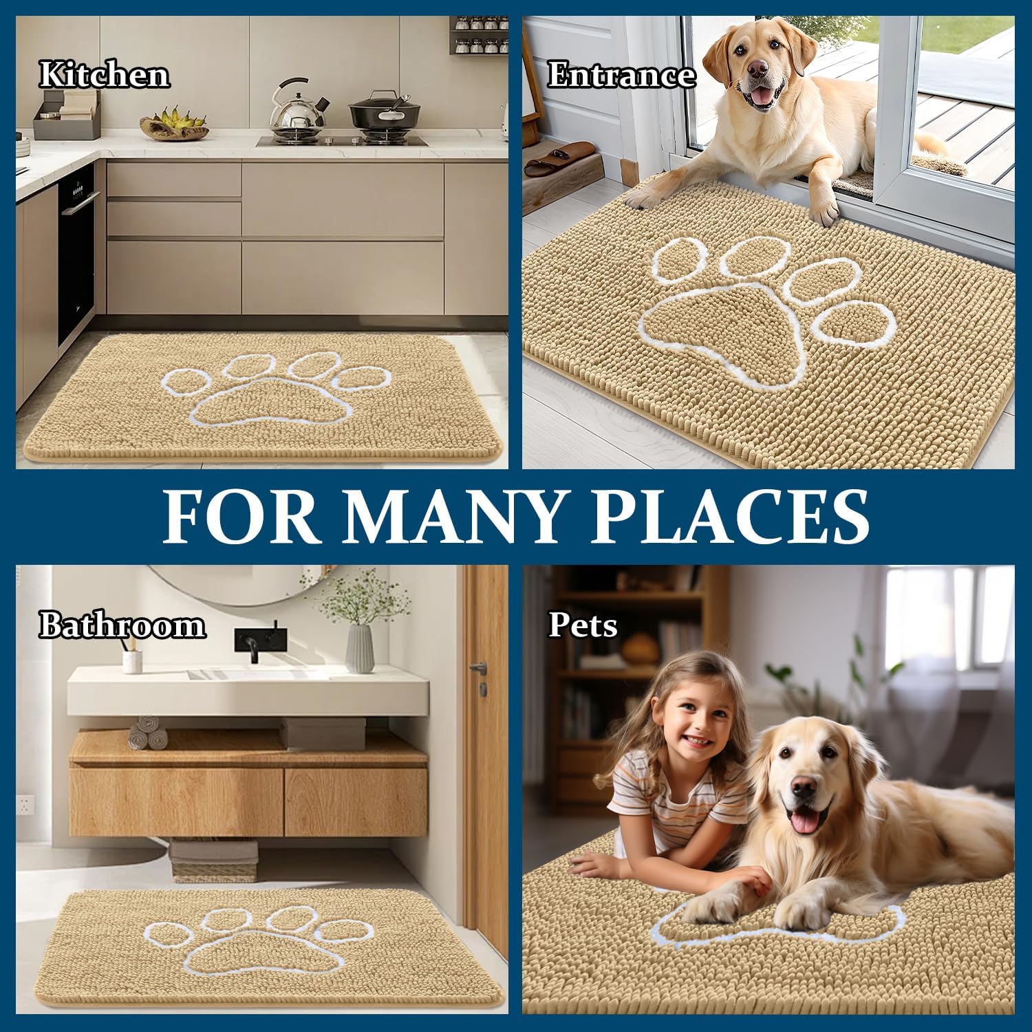 OLANLY Dog Door Mat - Absorbent Non-Slip Mud Mat for Muddy Paws | 30x20 Paw Print Design, Quick Dry Beige
