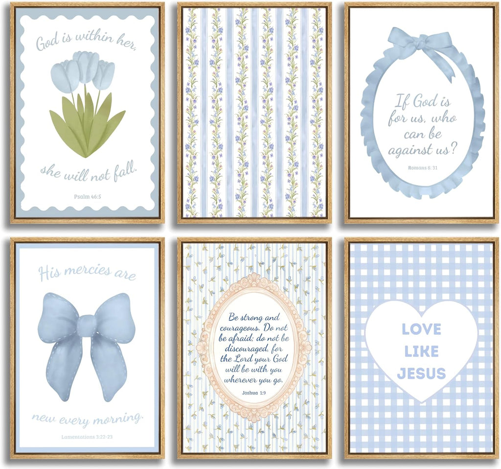 Skiennix 6Pcs Blue Bible Verses Wall Art - Floral Christian Decor for Girls' Room | 8x10in Unframed