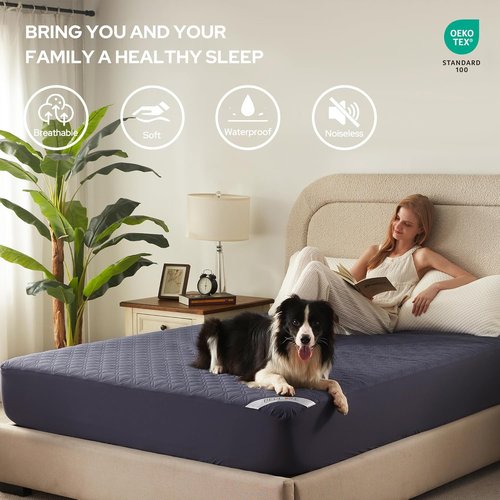 BEDLORE Waterproof Mattress Protector - Noiseless Queen Size Pad with Deep Pocket (6"-18") - Soft & Washable in Navy Blue